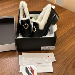 *Larroude Bobbie Leather Shearling Trim Gold Buckle Vamp 1.5" Block Heel Loafers